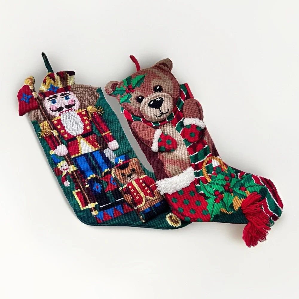 Vintage 2 Handmade Needlepoint Christmas Stockings Nutcracker & Teddy Bear